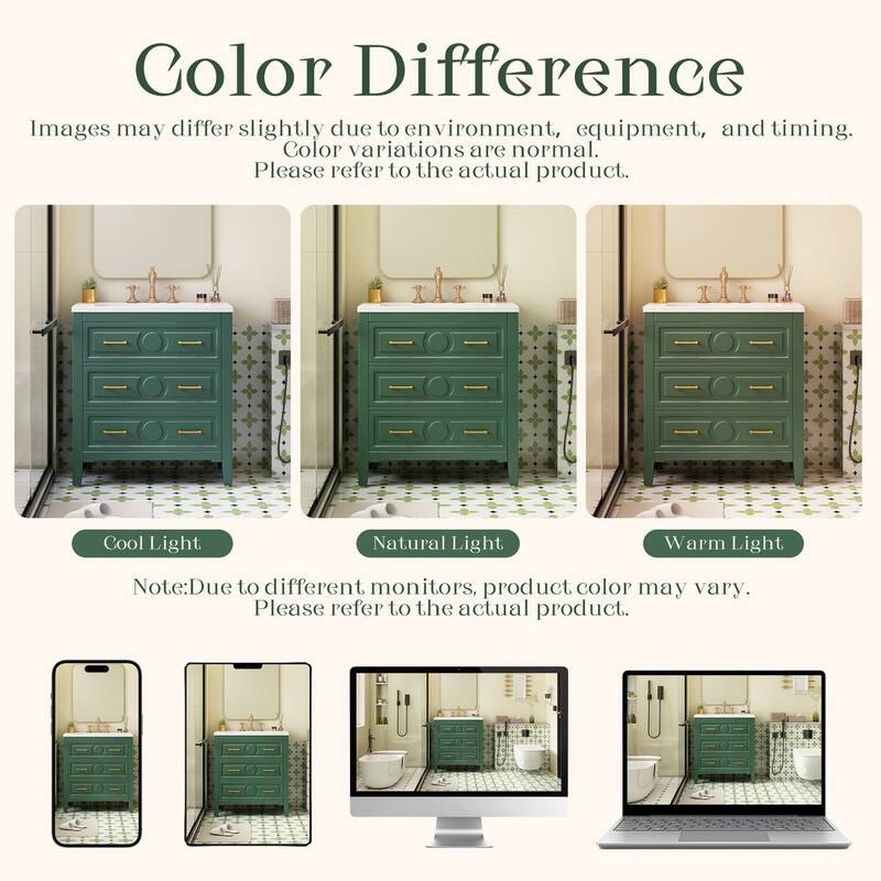 30 inch MDF Freestanding Bathroom Vanity Set in Green with Integrated Resin Sink