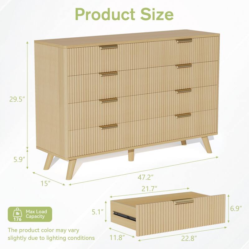Gymojoy 8 Drawer Fluted Dresser for Bedroom, Modern Wave Pattern Wood Chest with Gold Handles, Boho Storage Dresser