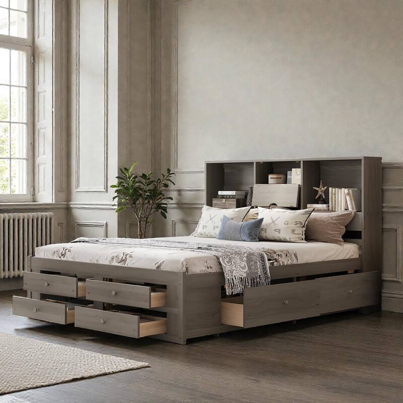 Platform Bed with Headboard Storage and 8 Drawers, Wood Bed Frame with Shelves and No Box Spring Needed