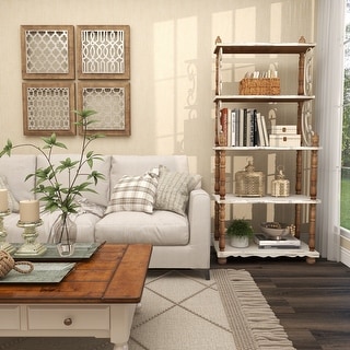 White Wood 5 Shelf Scroll Shelving Unit with Brown Spindle Sides and Ball Feet