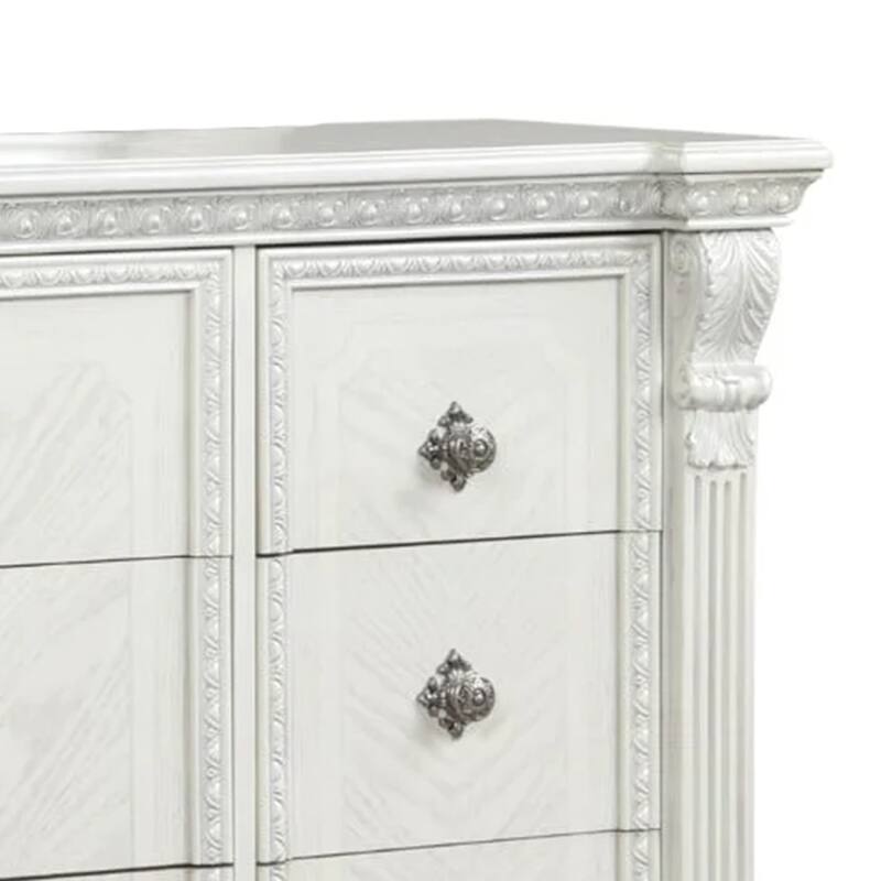 Naddy Wide Dresser, White Pine Wood, 9 Drawers w Metal Handles