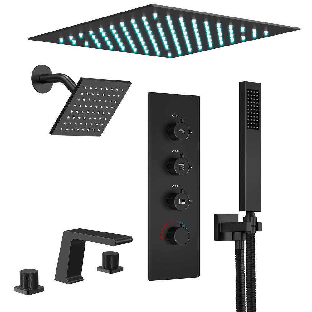 GRANDJOY LED 12" Rainfall Shower System Dual Shower Heads with 2-Handle Bathroom Sink Faucets Combo Set