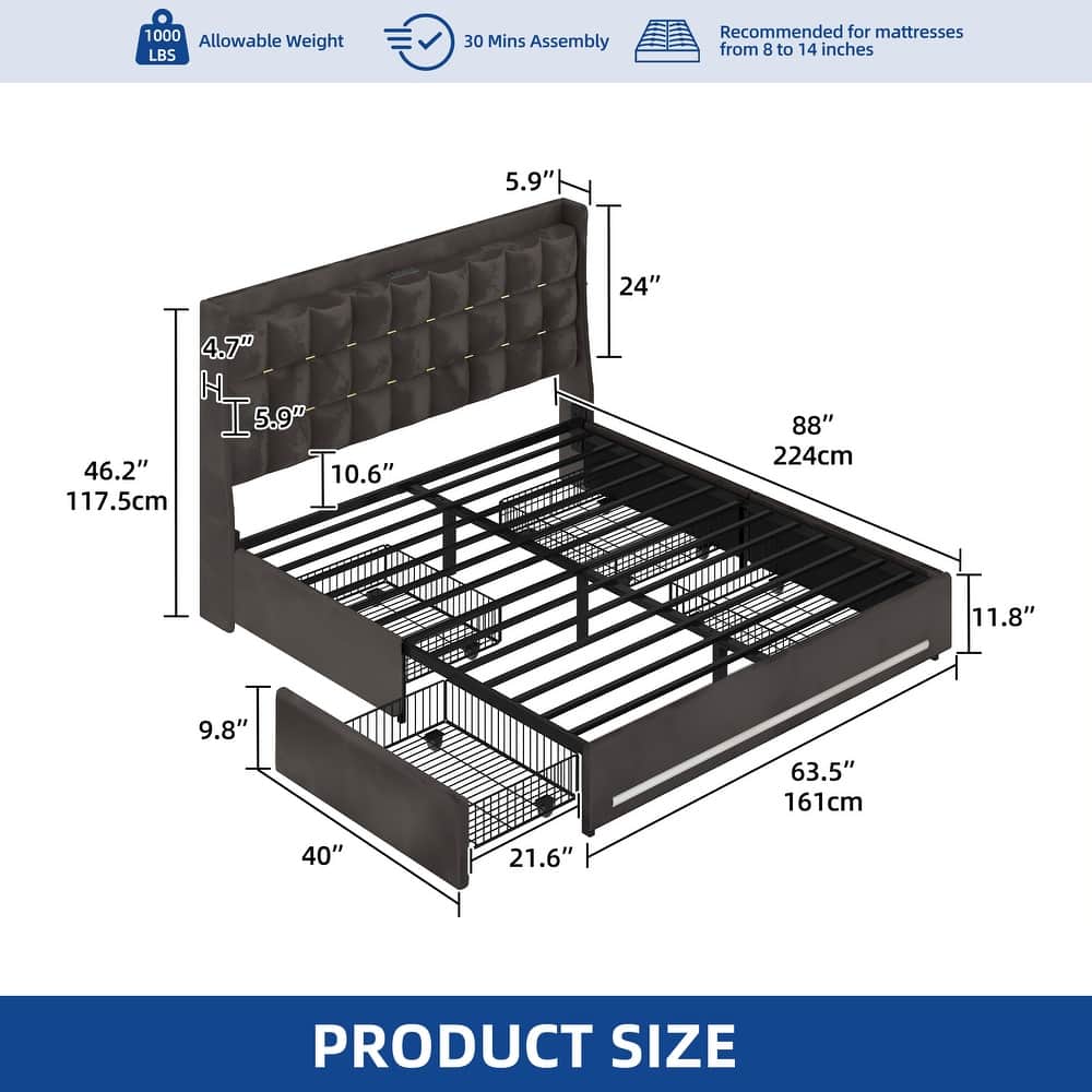 Moasis King Size Velvet Platform Bed with 4 Drawers RGB Lights and Charging Station No Box Spring Needed