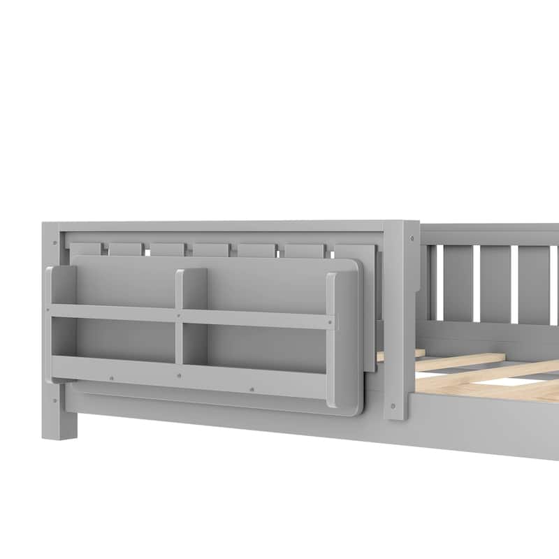 Low Profile Montessori Bed Floor Platform Bed with Fence and Bookshelf