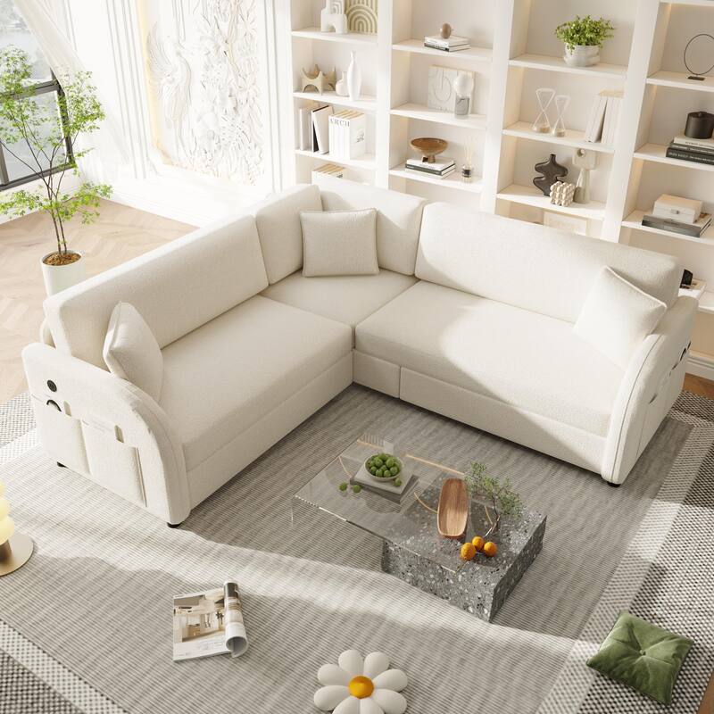 85" L-Shaped Convertible Sleeper Sofa with Pull-Out Bed, Teddy Upholstery & USB Ports