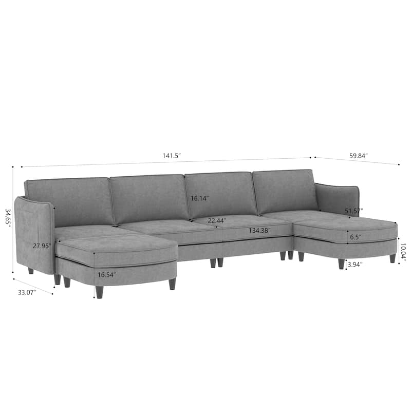 141.5'' 6 Seater U-Shaped Sofa with Ottoman and Arm Pockets, Gray Fabric