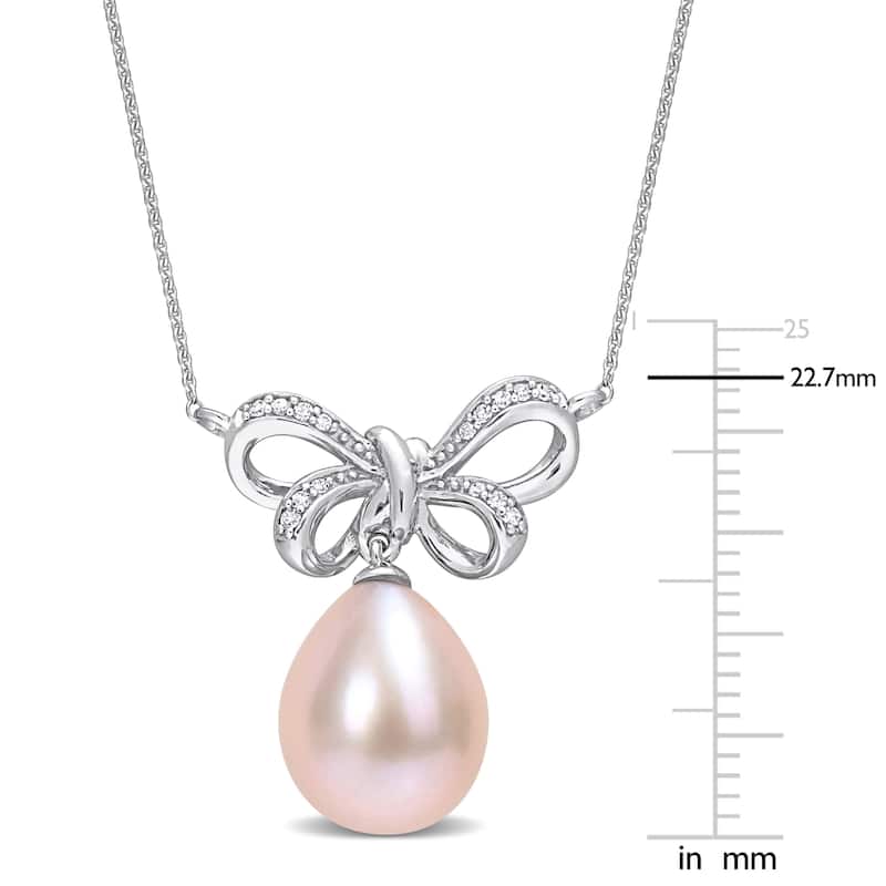 Miadora 9.5-10mm Cultured Freshwater Pink Pearl and Diamond Accent Bow 10k White Gold