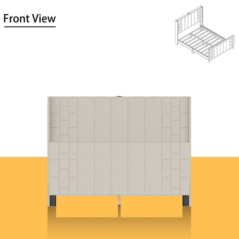 Upholstered Bed Frame with USB Port, Platform Bed with Headboard and Footboard Queen Size