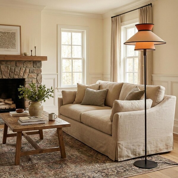Mid-century Modern Floor Lamp With Fabric Dual Shade, Pull Chain