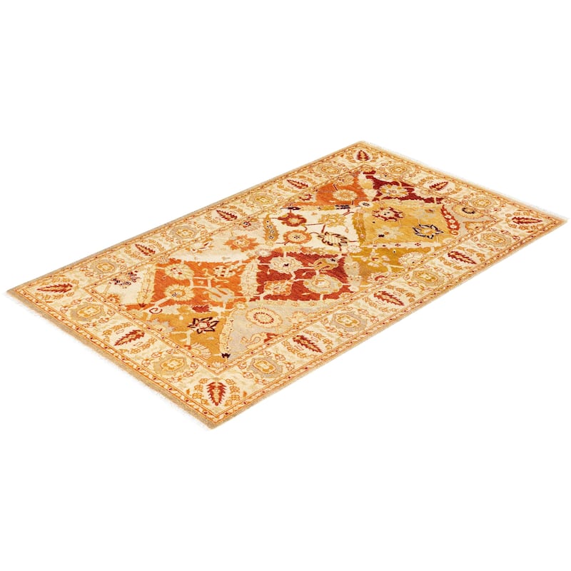 Overton Hand Knotted Wool Vintage Inspired Traditional Ottoman Yellow Area Rug - 3' 2" x 5' 4"
