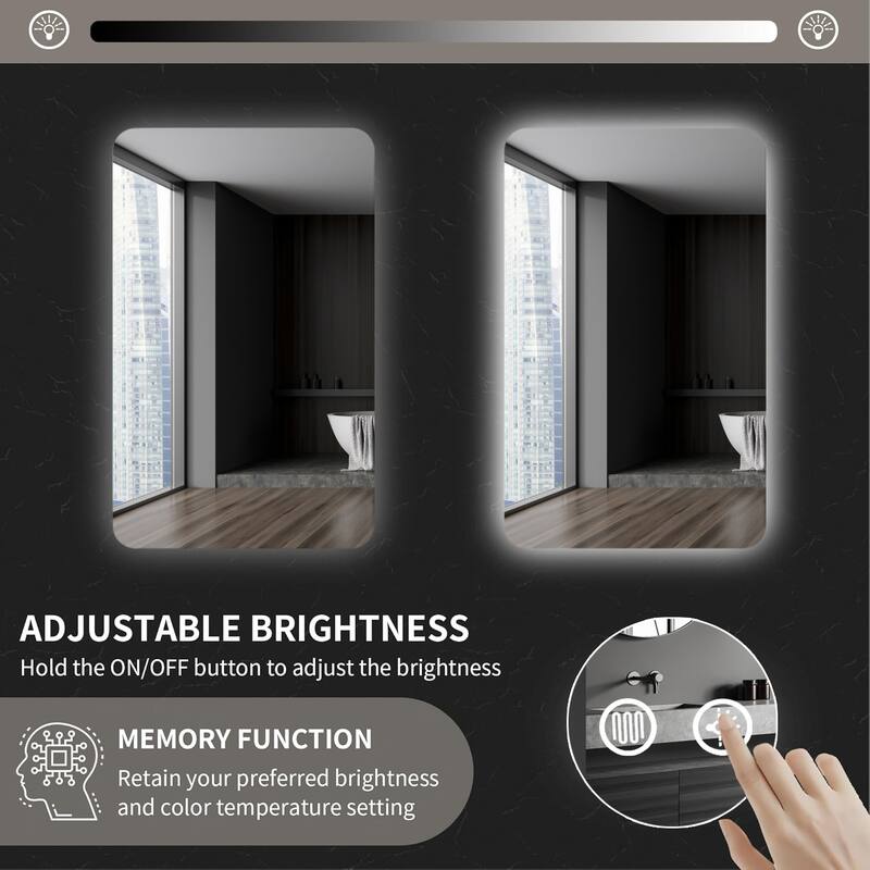 GDFStudio - Meridian Modern Rectangular Backlit Bathroom Wall Mirror, Adjustable LED Lighted, Memory & Aniti-Fog Function