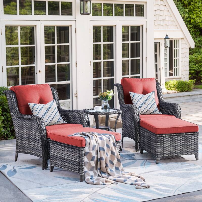 Outdoor Rattan Chair with Coffee Table and Ottoman - 5PCS - Patio Chair w/ Ottoman Table - Grey Rattan - Red Cushion