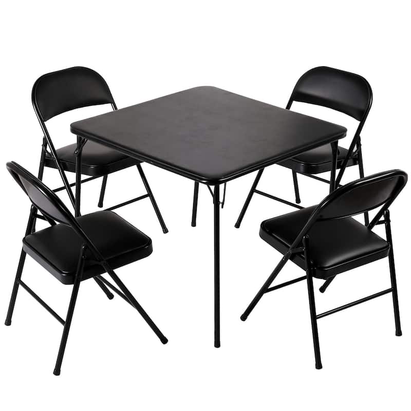VECELO 5-Piece 1 Table + 4 Folding Chairs Card Game Set 33.8” Square PU Leather Multi-Purpose Table for Indoor Outdoor Use - Black