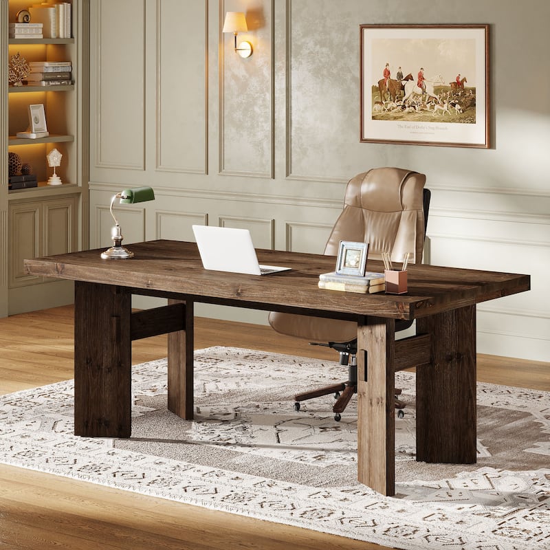 63" Solid Wood Executive Desk, Home Office Computer Study Writing Table for Office Conference Room - RusticBrown