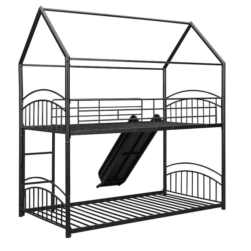 Kids House Bed, Twin Over Twin Metal Bunk Bed Convertible 2 Twin Beds