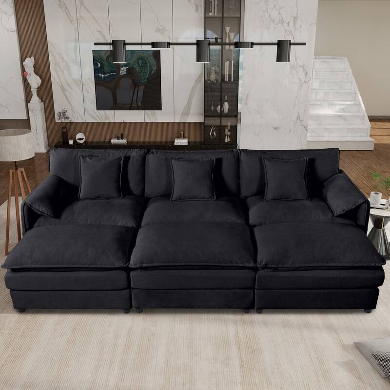 GDFStudio - 6-Piece Modular 109.45" Sectional Sofa with 3 Ottomans & Soft Pillows - Black