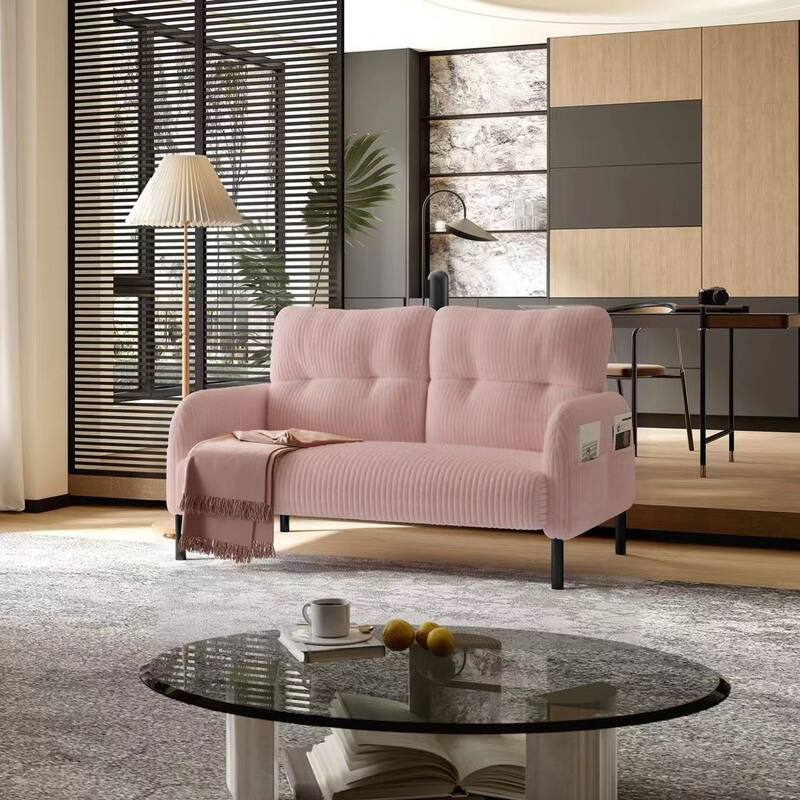 Corduroy Foam Upholstered Loveseat Couch Ergonomic Lounge Sofa with Side Pockets and Solid Wood Frame Soft 2 Seater Sofa