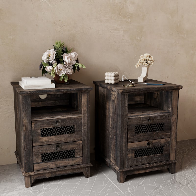 Farmhouse Nightstand Set of 2 with Charging Station, End Table - Dark Rustic Oak