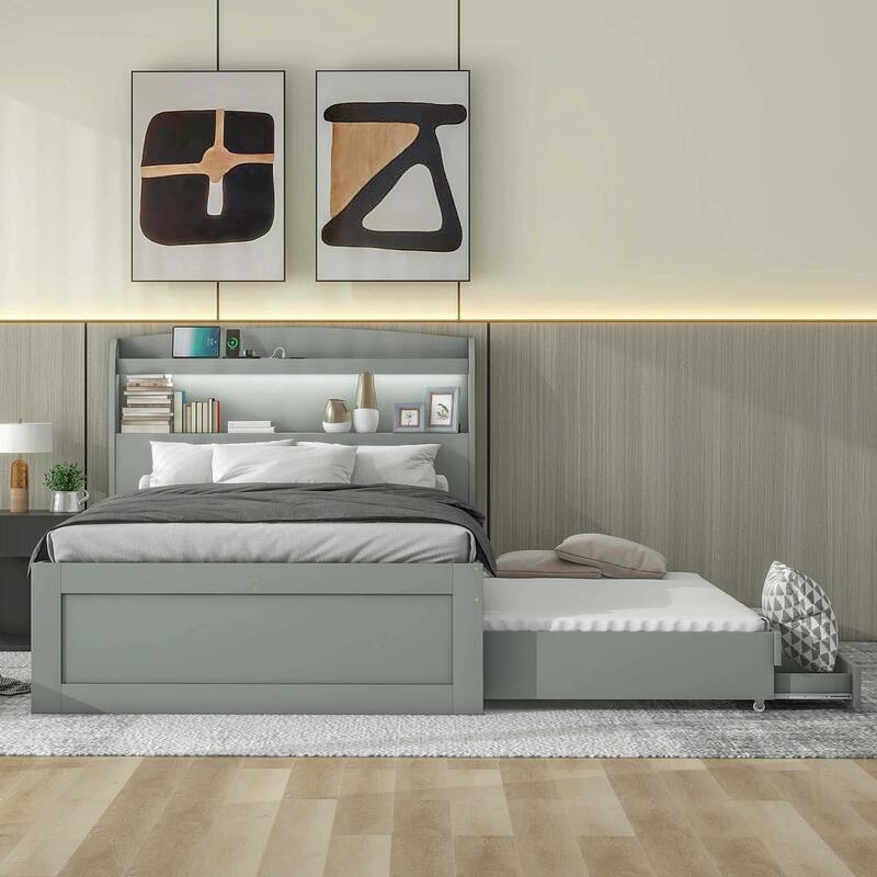 Platform Bed with Storage LED Headboard, Charging Station, Twin Size Trundle and 2 Drawers