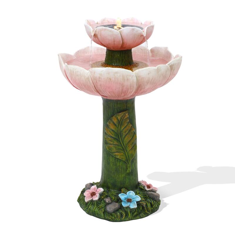 Solar Powered Pink Flower 2-Tier Resin Birdbath Fountain with Lights