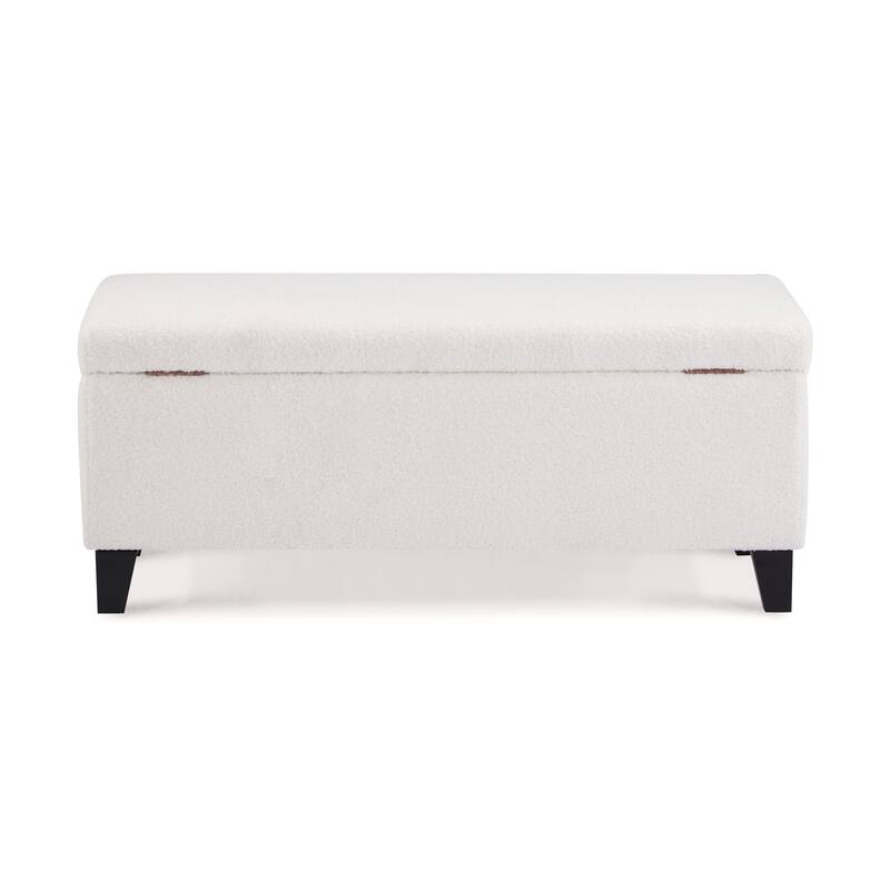 Storage Ottoman with Flip-Top Lid, Easy Assembly, Boucle Fabric & Birch Wood Legs, White
