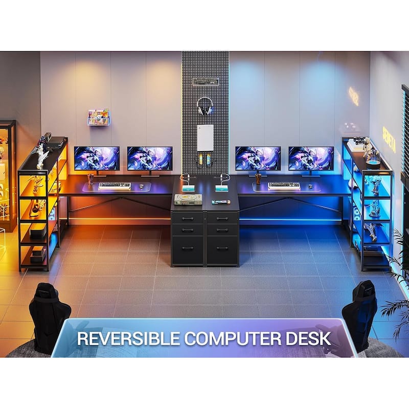 L Shaped Desk Gaming Desk 3 Fabric Drawers 5 Storage Shelves