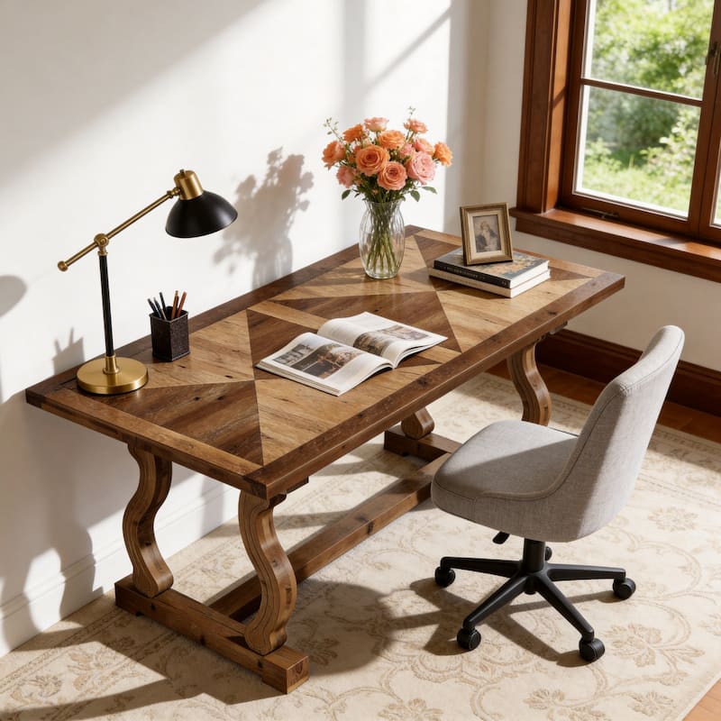 63" Solid Wood Office Executive Desk with Diamond Parquetry Top and Scroll Legs