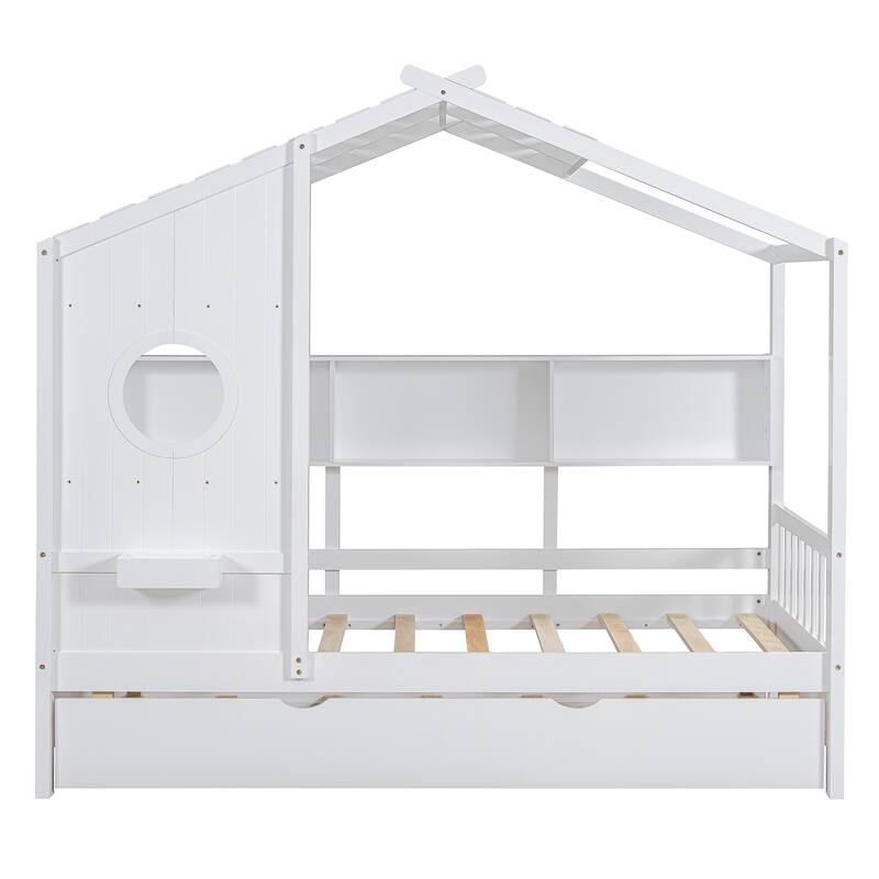 Wooden Platform Bed with Trundle & Storage Shelf