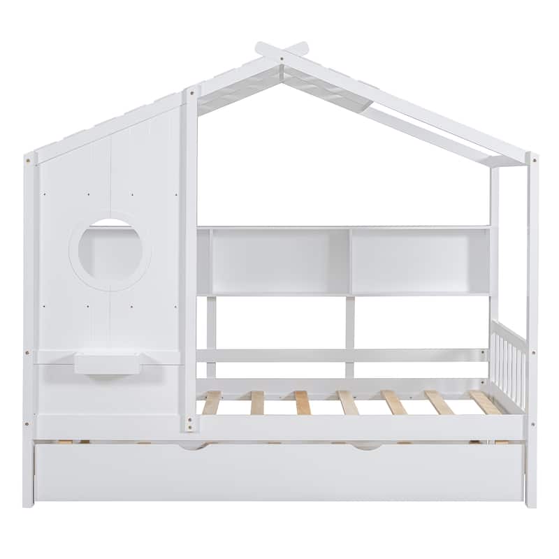 Wooden Twin Size House Bed with Trundle and Storage Shelves for Kids