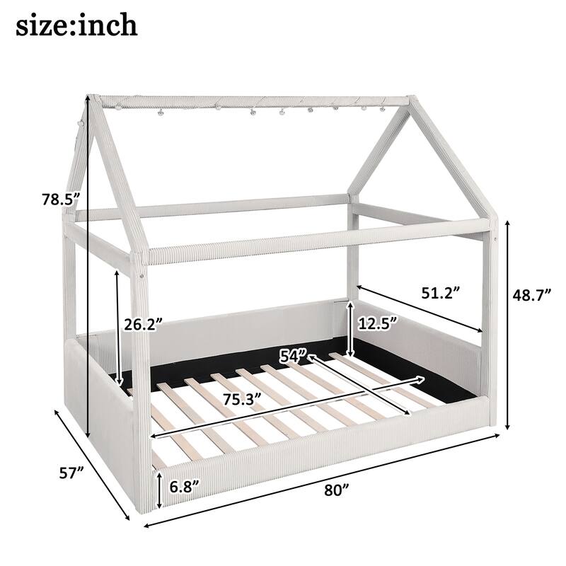 Corduroy Upholstered House Shaped Daybed, Lovely House Floor Bed with LED Light Strips, Full Size Floor Platform Sofa Bed Frame