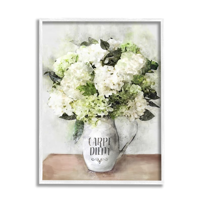 Stupell Carpe Diem Motivation with White Hydrangea Bouquet Framed Wall Art - Multi-Color - 16 x 20 - White
