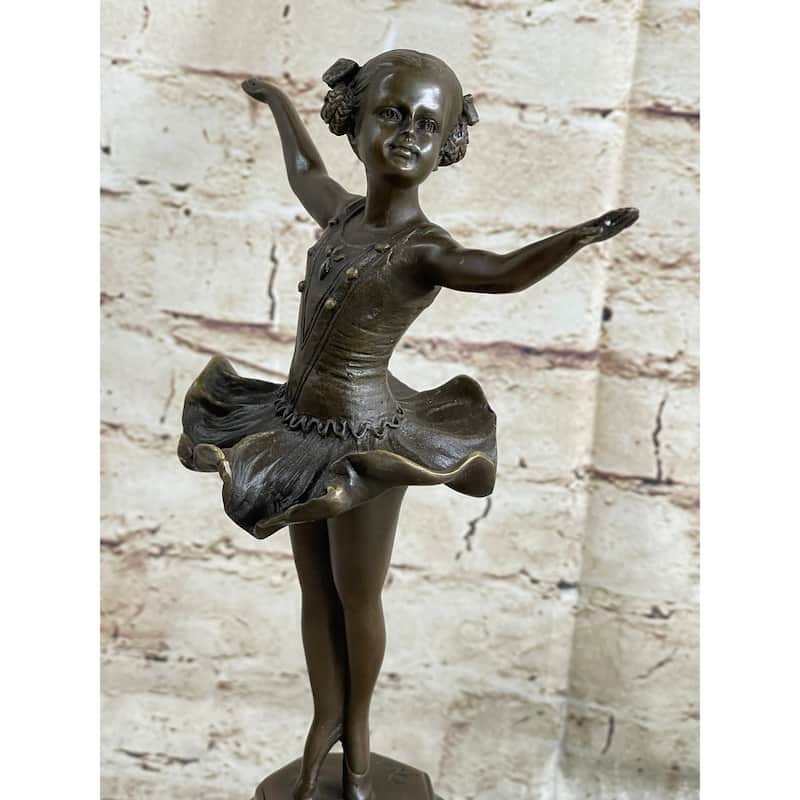 Ballerina Ballet Dancer Young Girl Bronze Figurine Sculpture On Green Marble Base