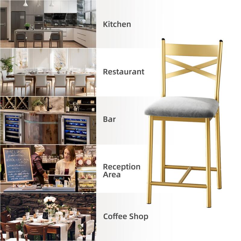 Metal Counter Height Bar Stools with X-Back & PU Leather Cushion, Waterproof Dining Chairs for Kitchen or Restaurant
