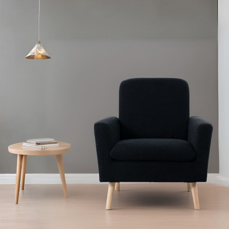 Mid-Century Accent Chair, Wooden Frame Armchair with Soft Teddy Fleece