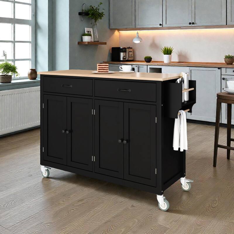 54.3" Kitchen Island Cart with Solid Wood Top, 4 Door Cabinet, Drawers, Spice Rack, Wheels