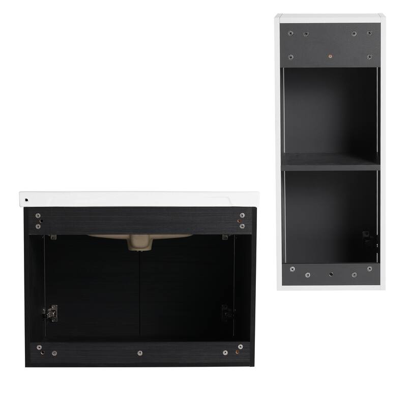 28" Wall-Mounted Bathroom Vanity With Ceramic Sink and Side Cabinet, Soft Close Doors, Combination Cabinet