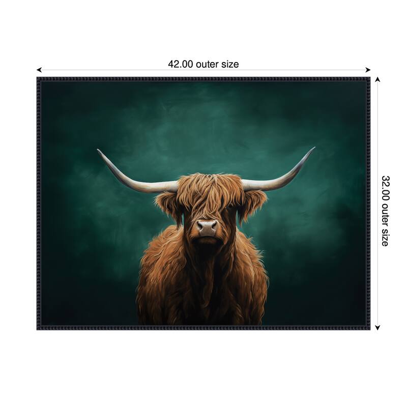 Kate and Laurel Highland Cow on Tonal Teal Green Abstract by The Creative Bunch Studio Framed Canvas Wall Art Print