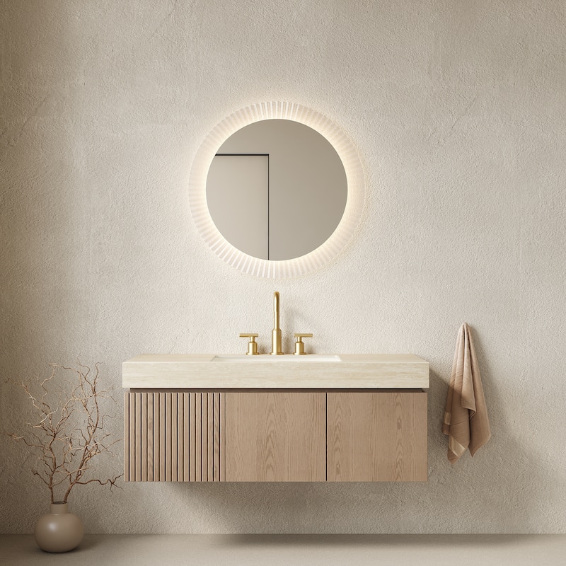 Floating Bathroom Vanity with Undermount Ceramic Basin with 3 Pre-drilled Faucet Holes - Beige and Light Brown - 47.64'' x 18.9'' x 17.72''