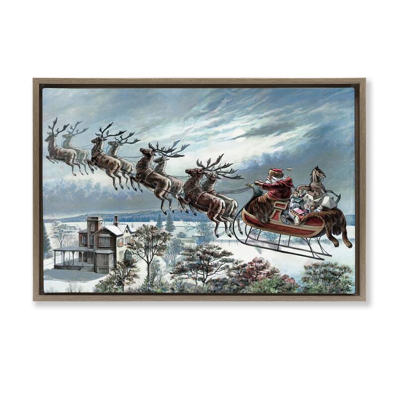 Stupell Santa's Sleigh over Town Framed Floater Canvas Wall Art Design By Arlington Prints - 31 x 21 - Brown