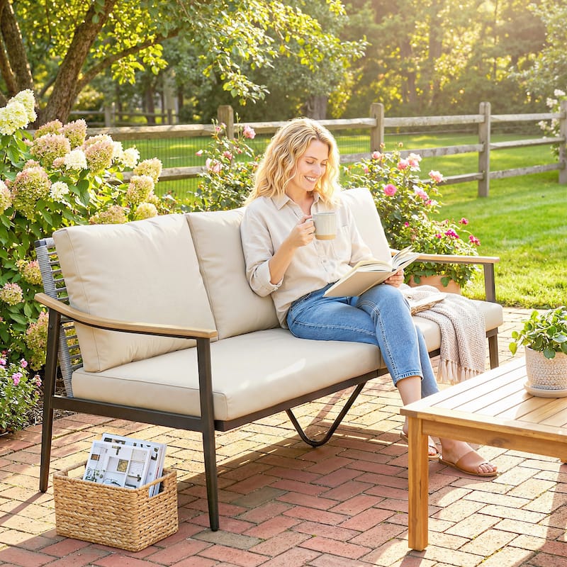 Outsunny Outdoor Patio Couch, 3 Seater Outdoor Sofa with Wood-Effect Armrests and Wicker Backrest - Khaki