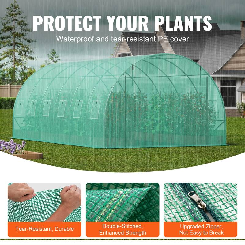 Walk-in Tunnel Greenhouse, Hoop House Greenhouse Tunnel, Plant Hot House with Galvanized Steel Frame, Green PE Cover