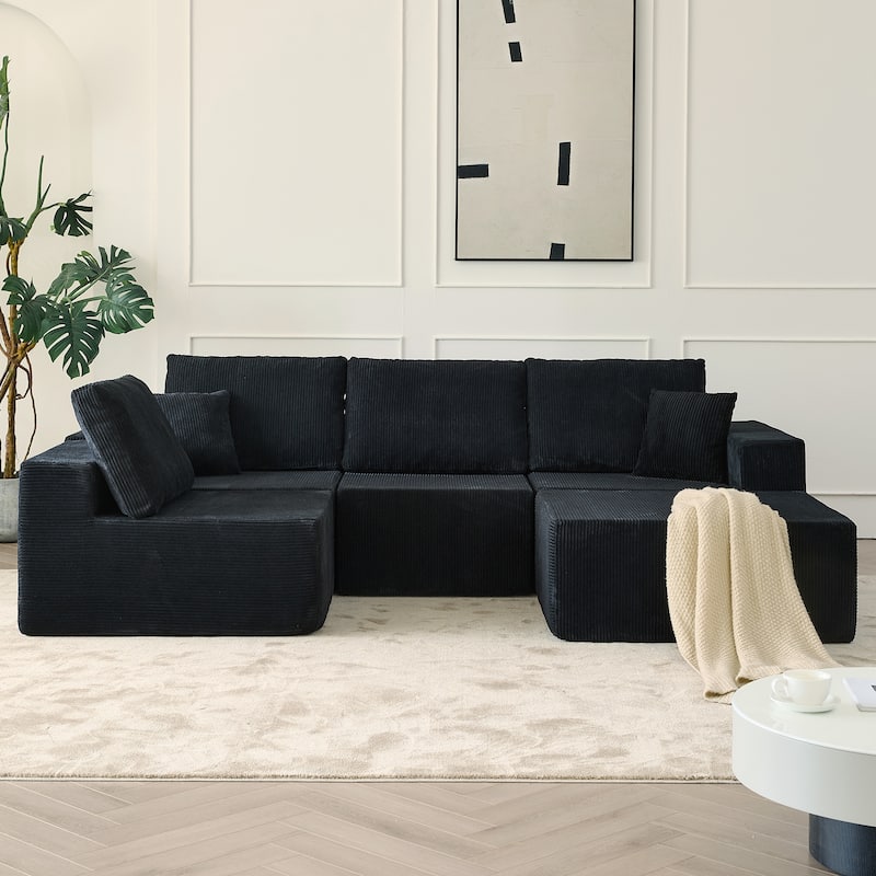 Modular Corduroy Sectional Sofa with Ottoman Chaise Lounge and Pillows