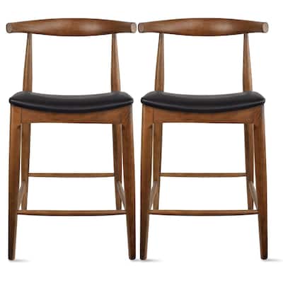 Set of 2 Solid Wood 25" Counter Height Bar Stools Barstools With Back Kitchen Island PU Leather Cushion Dining Elbow Kitchen