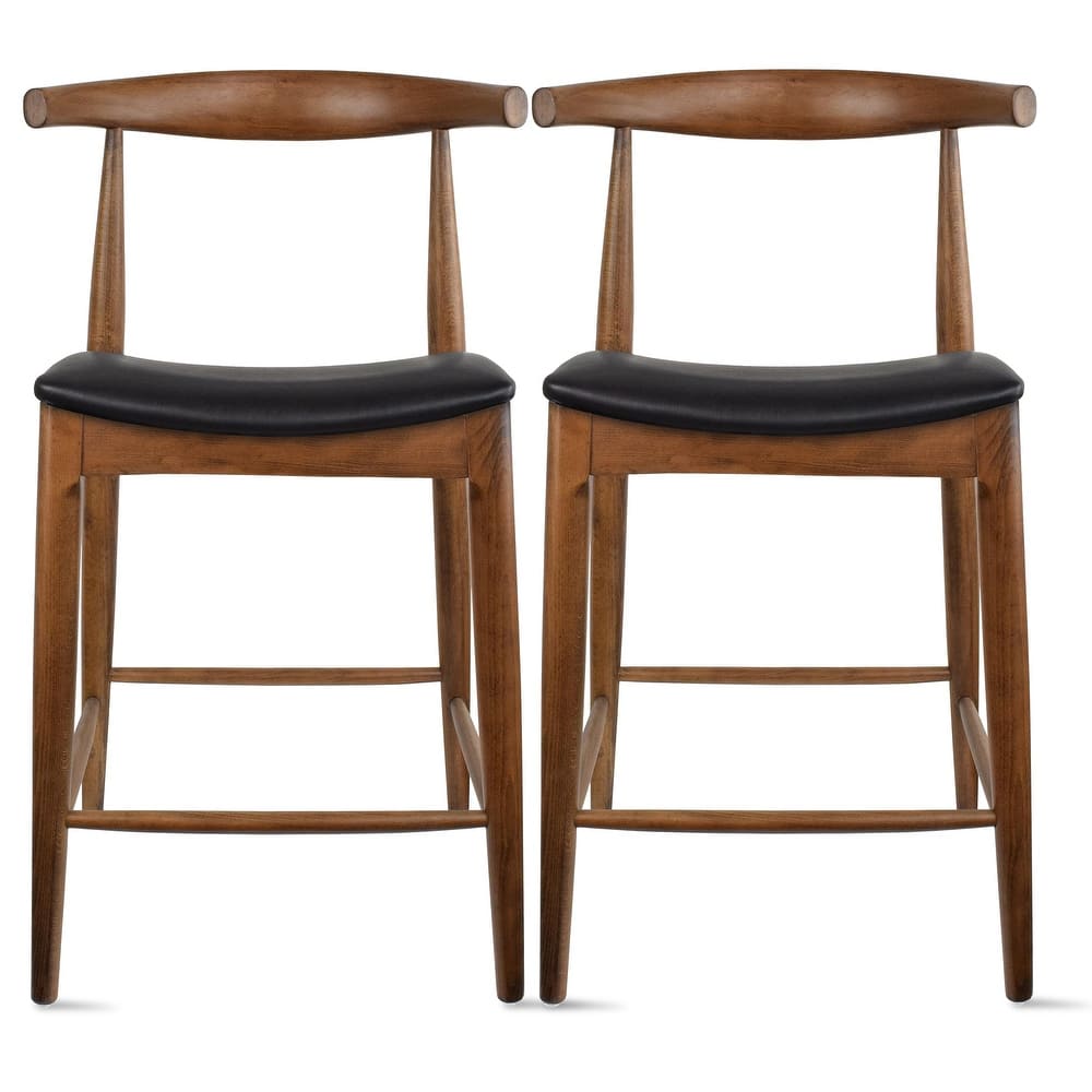 Set of 2 Solid Wood 25" Mid Century Modern Counter Height Bar Stools Barstools With Back Kitchen PU Leather Padded Dining Elbow