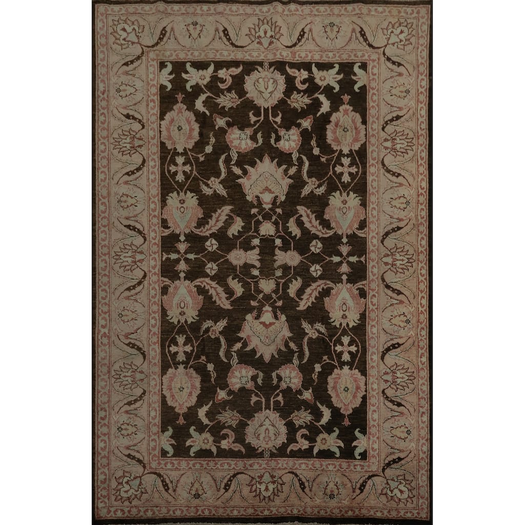 Hand Knotted Oriental 100% Wool Carpet Traditional All-Over Brown Peshawar Area Rug - 8' 7'' X 7' 0''