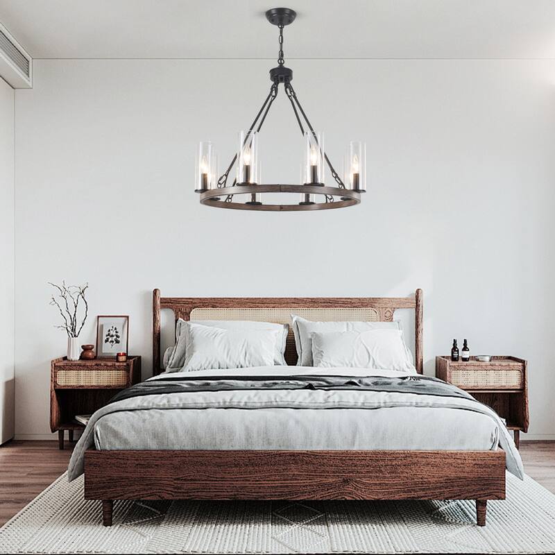 25.98inch 8-light Farmhouse Wagon Wheel Height Adjustable Chandelier With Glass Shade for Multiple Spaces