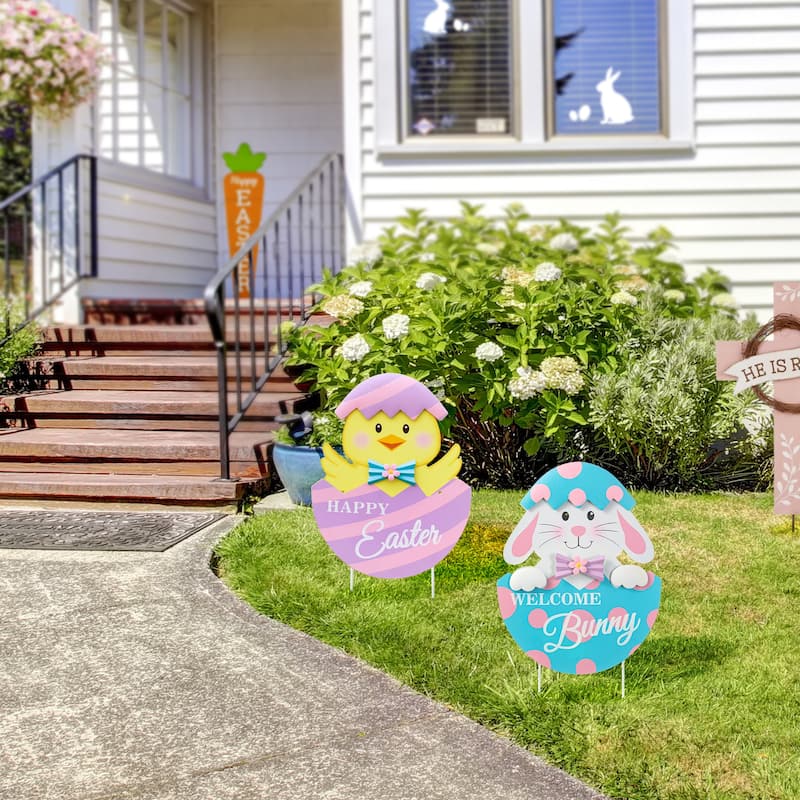 Glitzhome Easter Metal Bunny Chick Egg Yard Stakes Wall Decor Indoor Outdoor - 24"