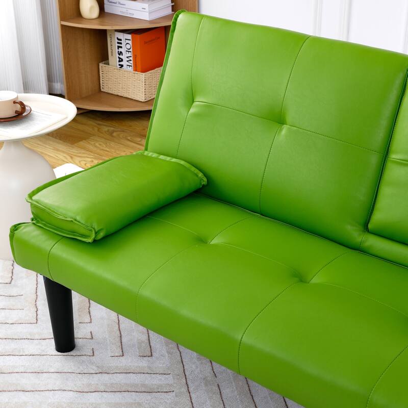 The 67-inch black PVC multi-functional sofa bed with a foldable and cup holder design
