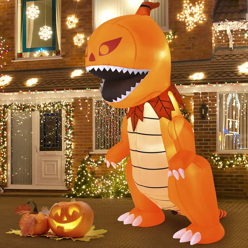 Costway 8FT Halloween Inflatable Pumpkin Head Dinosaur Blow Up with - Orange