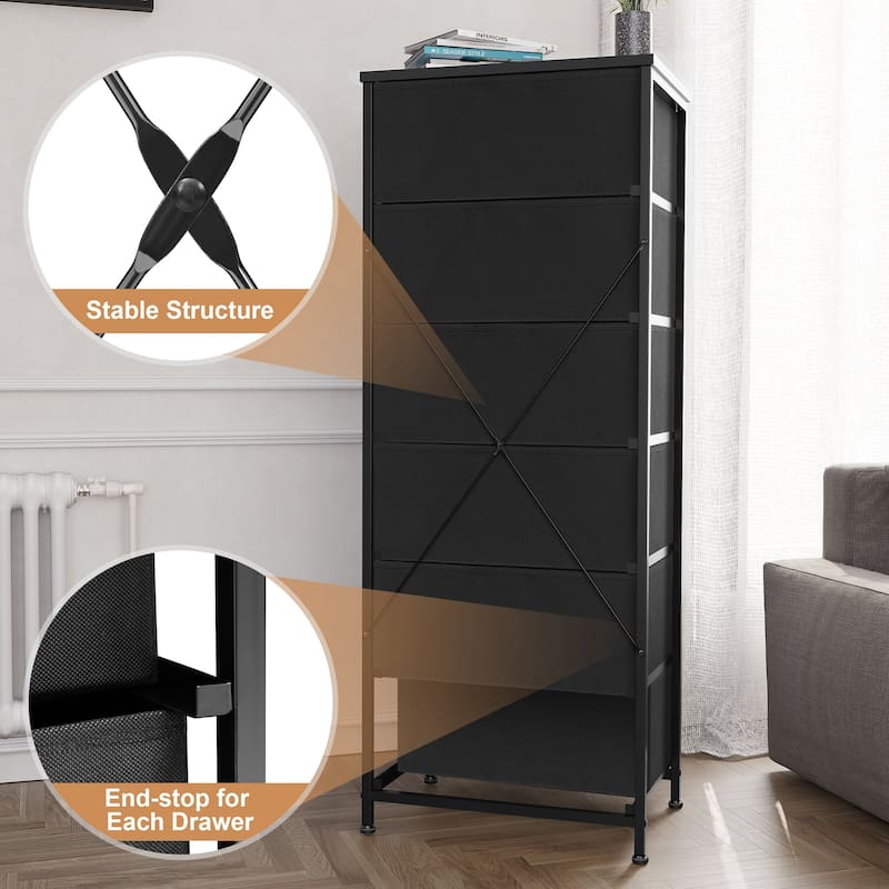 6 Drawers Chest - Vertical Storage Tower Steel / Wood / Fabric Dresser